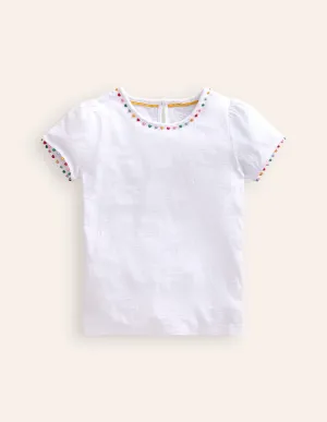 Ali Puff Sleeve Pom T-Shirt-White