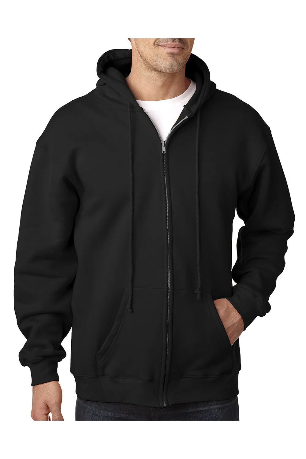 Sweat à capuche Bayside pour hommes avec fermeture éclair et poches - Fabriqué aux États-Unis - Noir