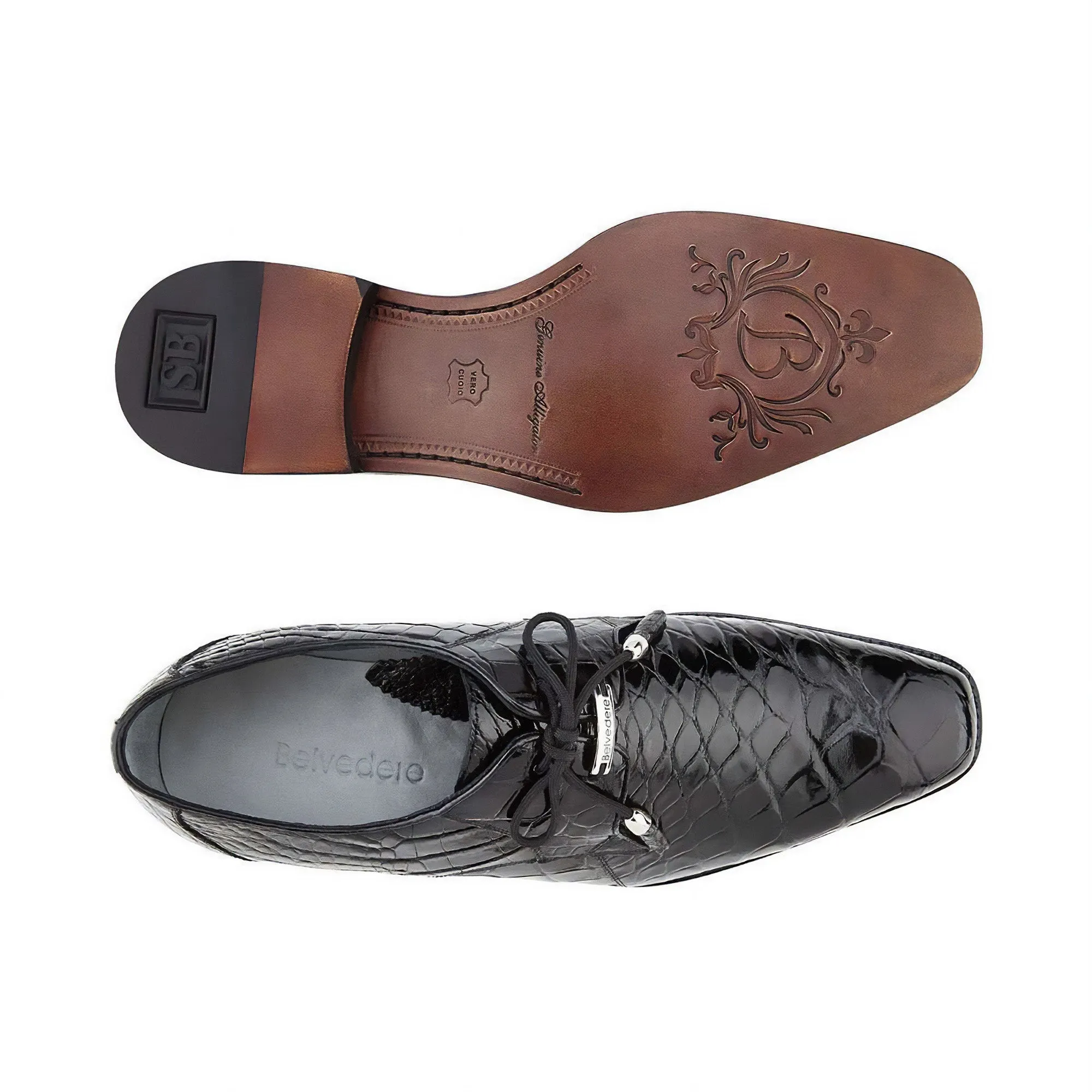 Chaussures Belvedere en Peau Exotique Belvedere Lago en Cuir Véritable d'Alligator Noir Oxford