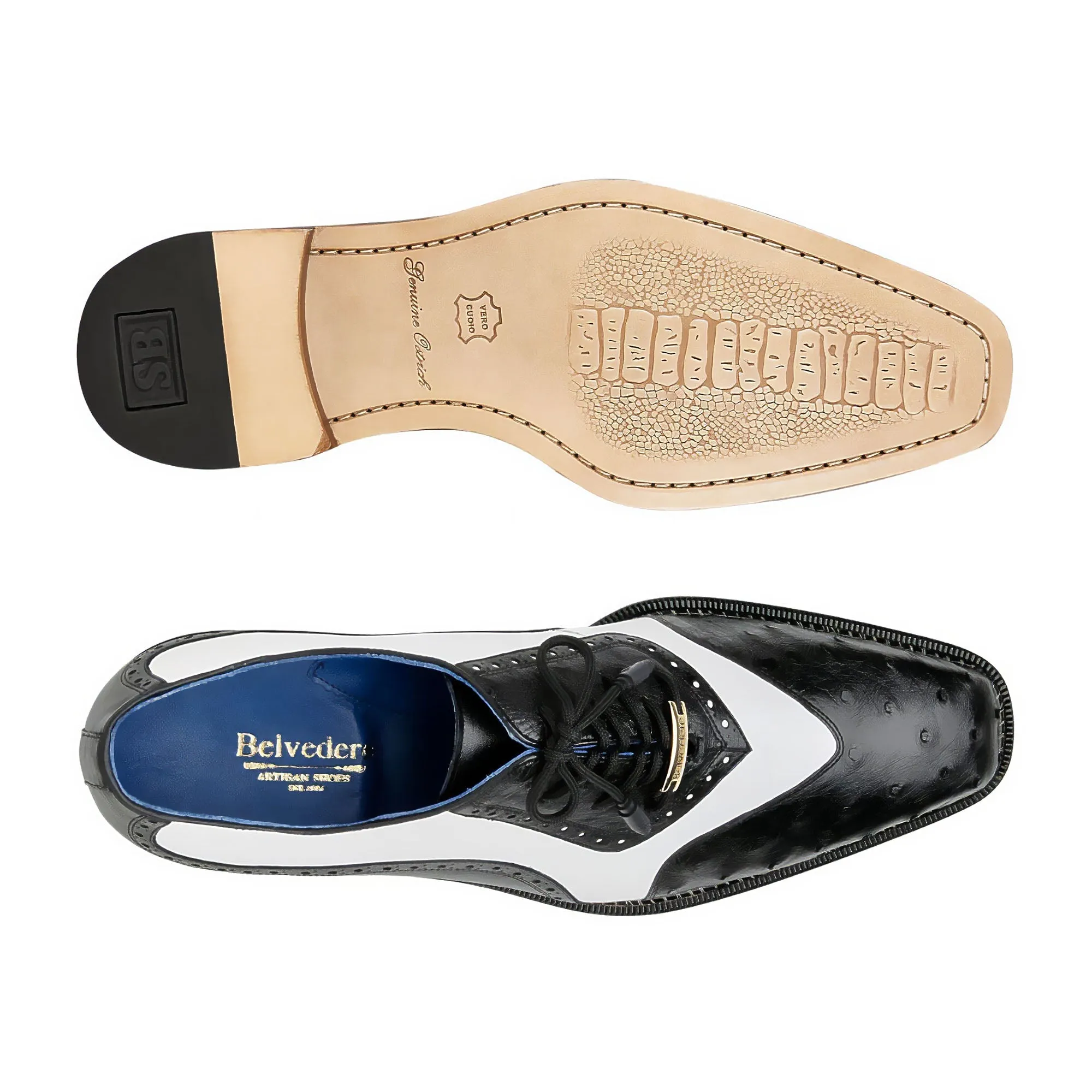 Chaussures Belvedere en peau exotique Belvedere Sesto en veau d'alligator noir et blanc Oxfords