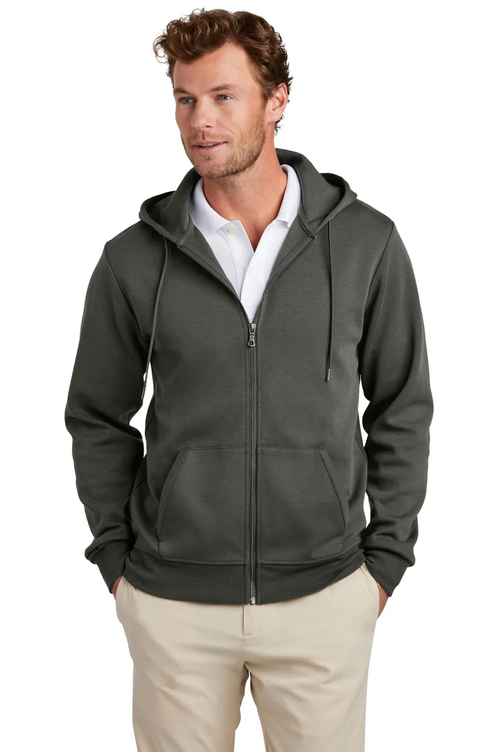 Brooks Brothers Sweat à capuche homme en double tricot avec fermeture éclair et poches - Gris Windsor