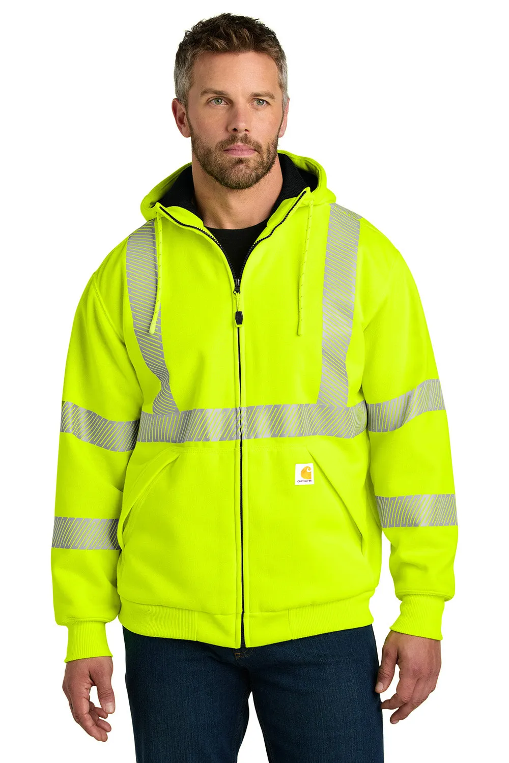 Carhartt Sweat à capuche imperméable ANSI 107 Classe 3 pour hommes avec fermeture éclair complète et poches - Vert lime vif