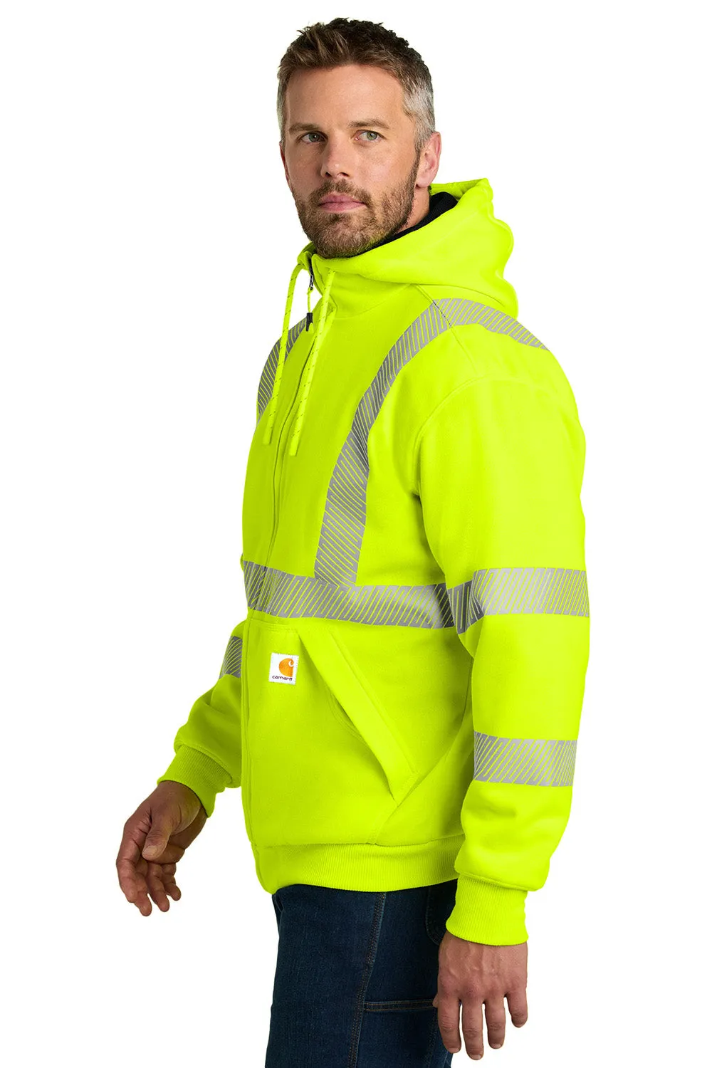 Carhartt Sweat à capuche imperméable ANSI 107 Classe 3 pour hommes avec fermeture éclair complète et poches - Vert lime vif
