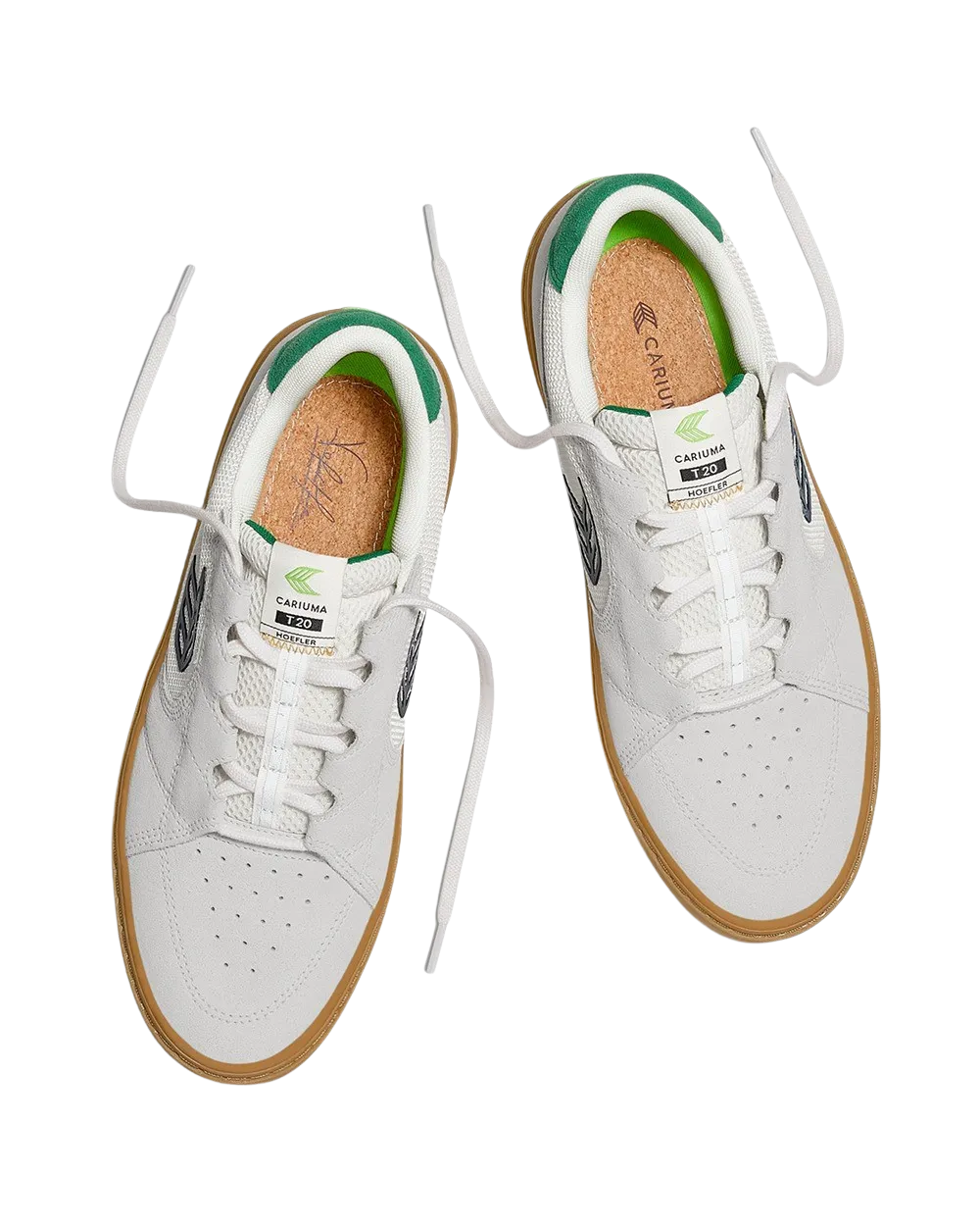 Chaussures Cariuma Hoefler T20 Pro en Blanc Fumé Gomme, Vert & Noir