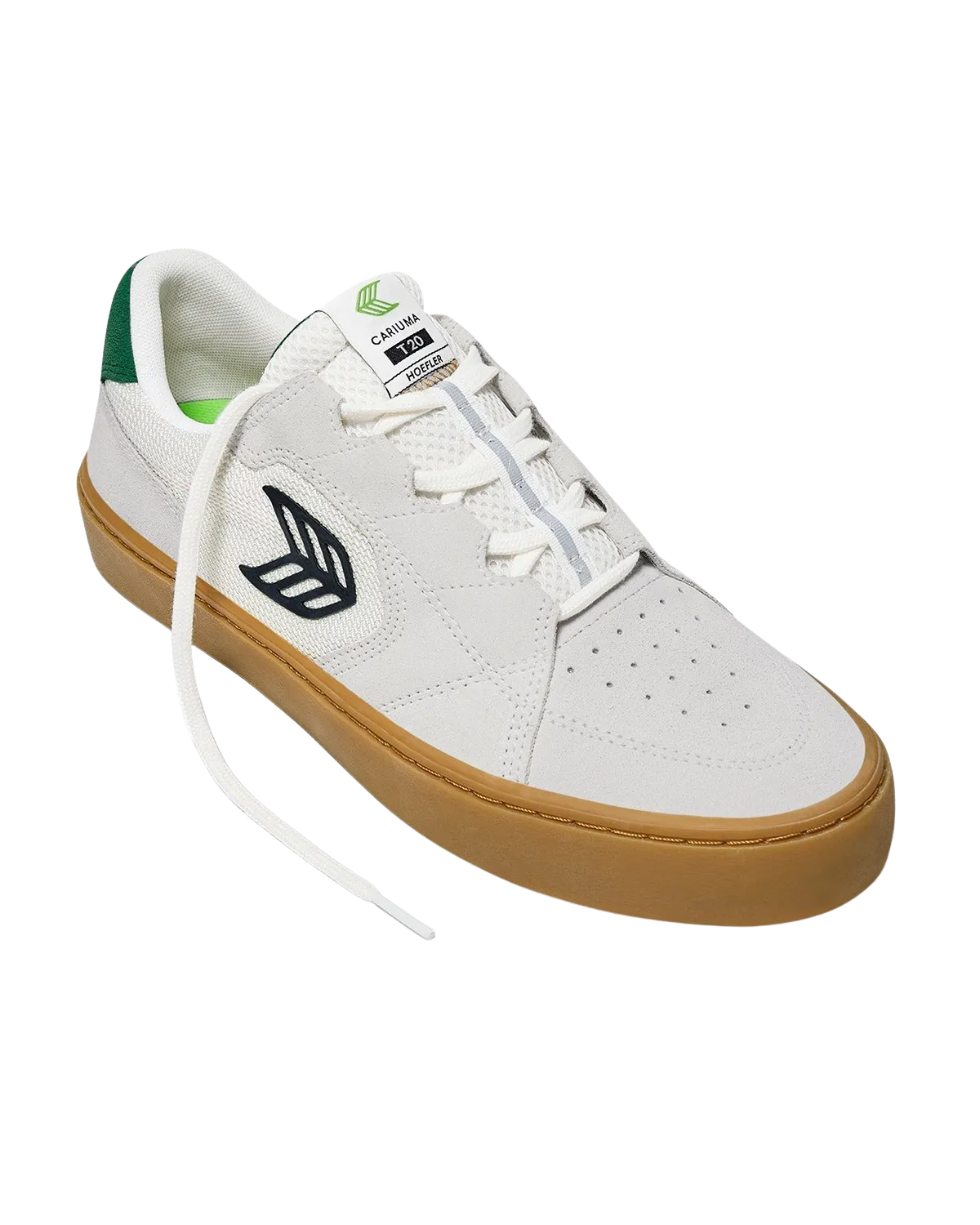 Chaussures Cariuma Hoefler T20 Pro en Blanc Fumé Gomme, Vert & Noir
