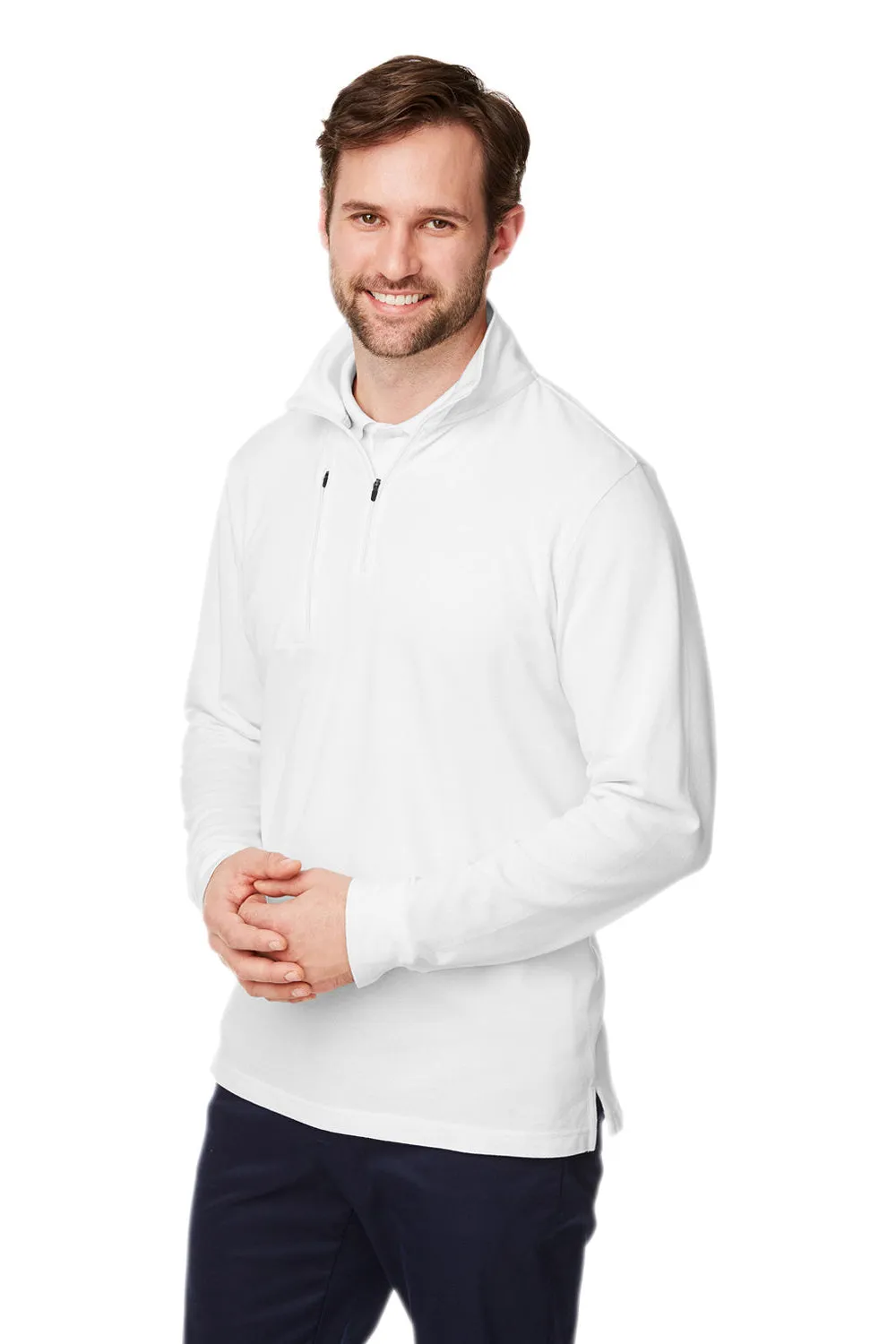 Devon & Jones Hommes Nouveaux Classiques Sweat-Shirt Performance 1/4 Zip à Poche avec Évacuation de l'Humidité - Blanc