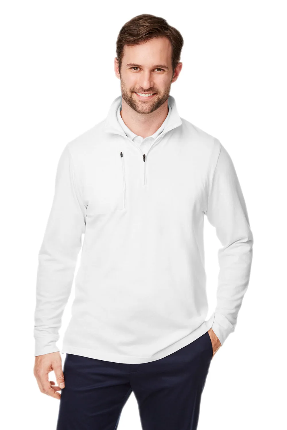 Devon & Jones Hommes Nouveaux Classiques Sweat-Shirt Performance 1/4 Zip à Poche avec Évacuation de l'Humidité - Blanc