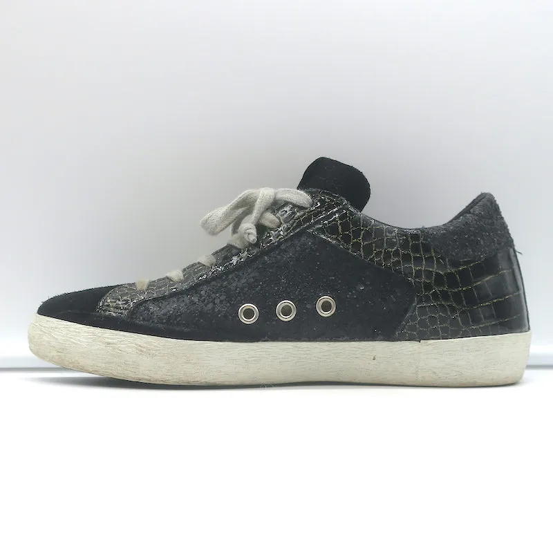 Golden Goose Superstar Chaussures de Sport Pailletées Noir Cuir Vernis Imitation Croco Taille 38
