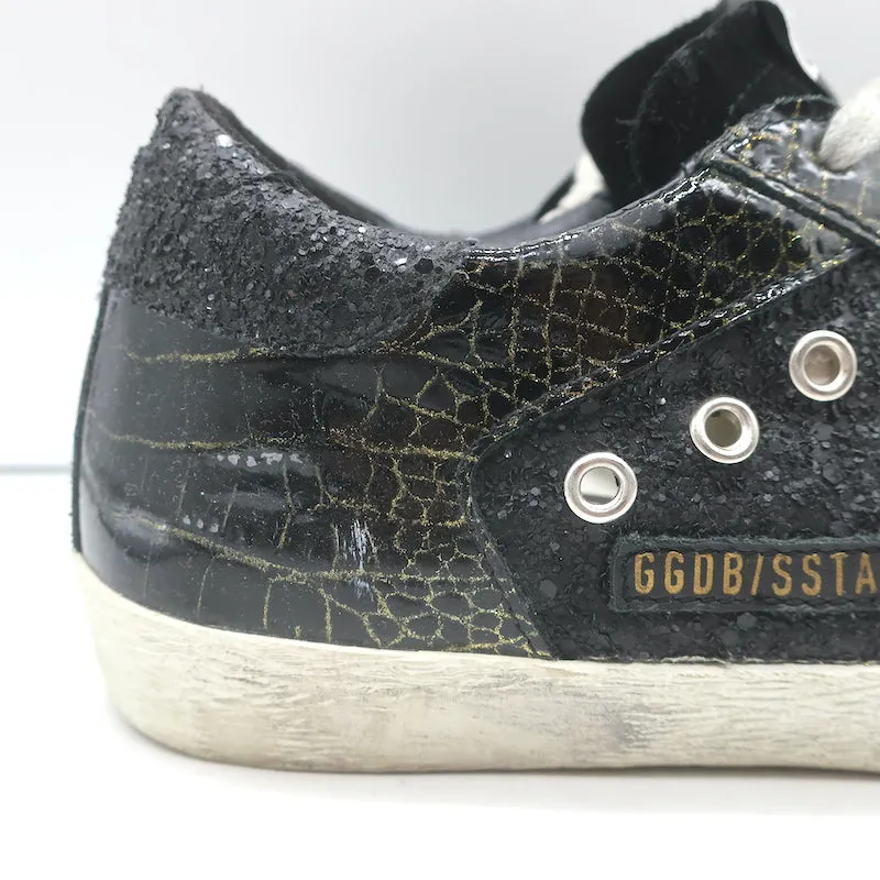 Golden Goose Superstar Chaussures de Sport Pailletées Noir Cuir Vernis Imitation Croco Taille 38