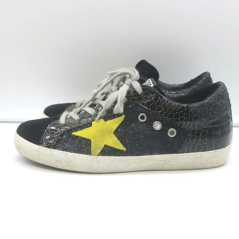 Golden Goose Superstar Chaussures de Sport Pailletées Noir Cuir Vernis Imitation Croco Taille 38