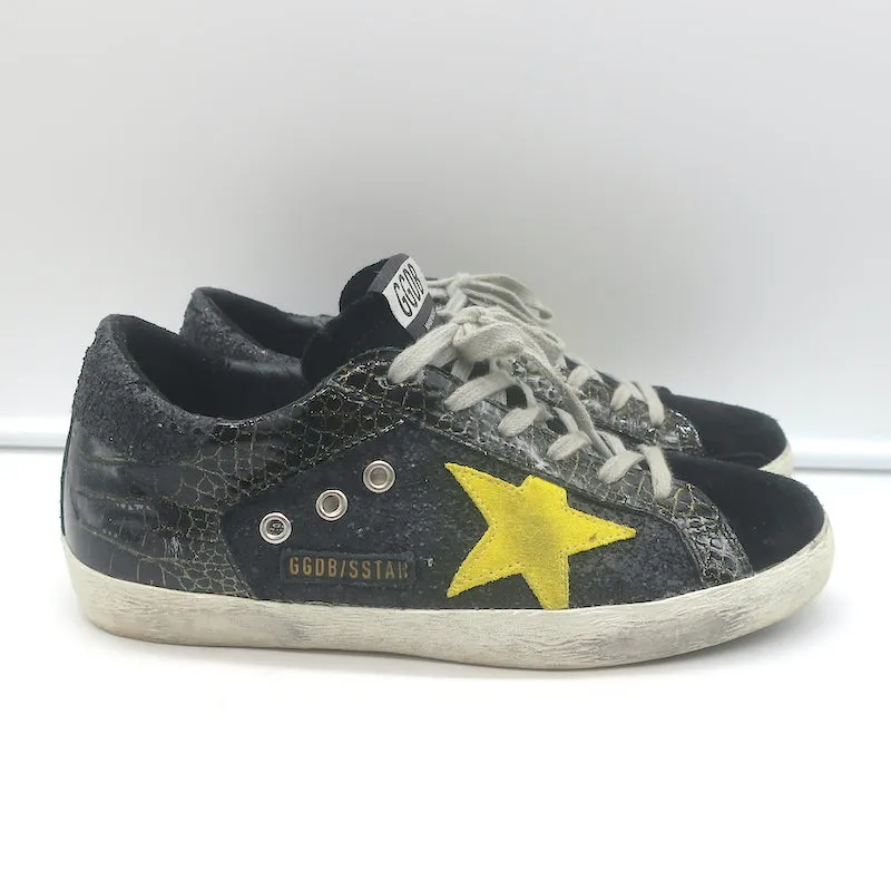 Golden Goose Superstar Chaussures de Sport Pailletées Noir Cuir Vernis Imitation Croco Taille 38