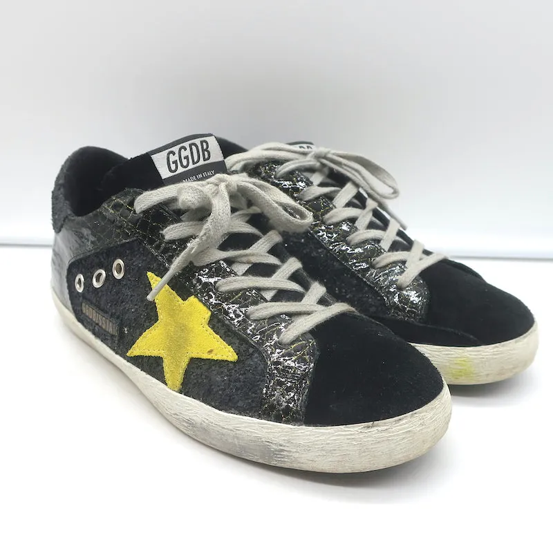 Golden Goose Superstar Chaussures de Sport Pailletées Noir Cuir Vernis Imitation Croco Taille 38