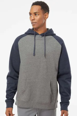 Independent Trading Company Mens Raglan Hooded Sweatshirt Hoodie w/ Pouch Pockets - Heather Gunmetal Grey/Heather Classic Navy Blue