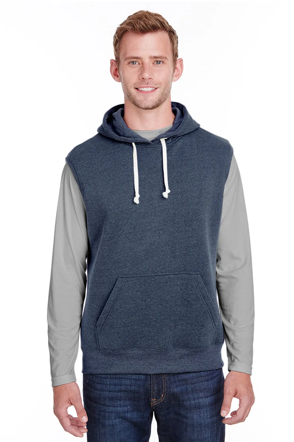 J America Sweat à capuche sans manches pour hommes en polaire avec poche kangourou - Bleu marine vrai