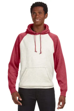 J America Mens Vintage Heather Hooded Sweatshirt Hoodie w/ Pouch Pocket - Oatmeal/Red