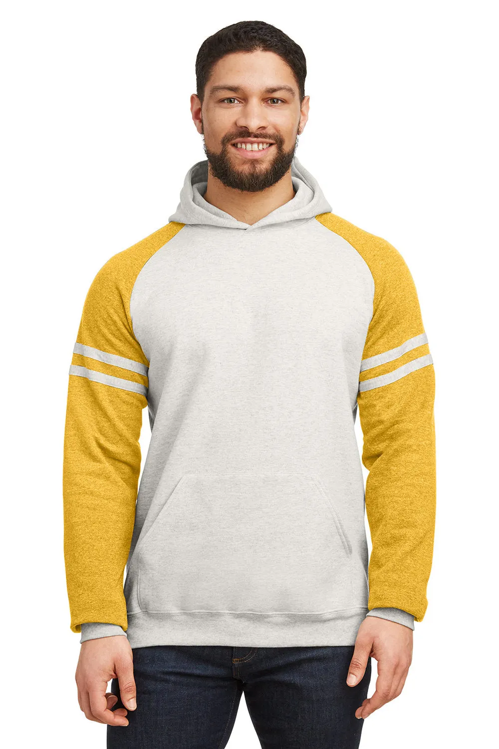Jerzees pour Hommes Pull à Capuche en Polaire NuBlend avec Pochette et Motifs en Couleurs Contrastées - Mélange Gris Chiné/Moutarde
