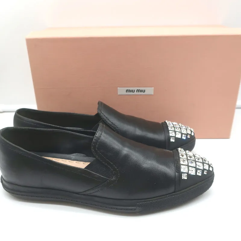 Miu Miu Escarpins à Bout Cristal Noir en Cuire Taille 37.5