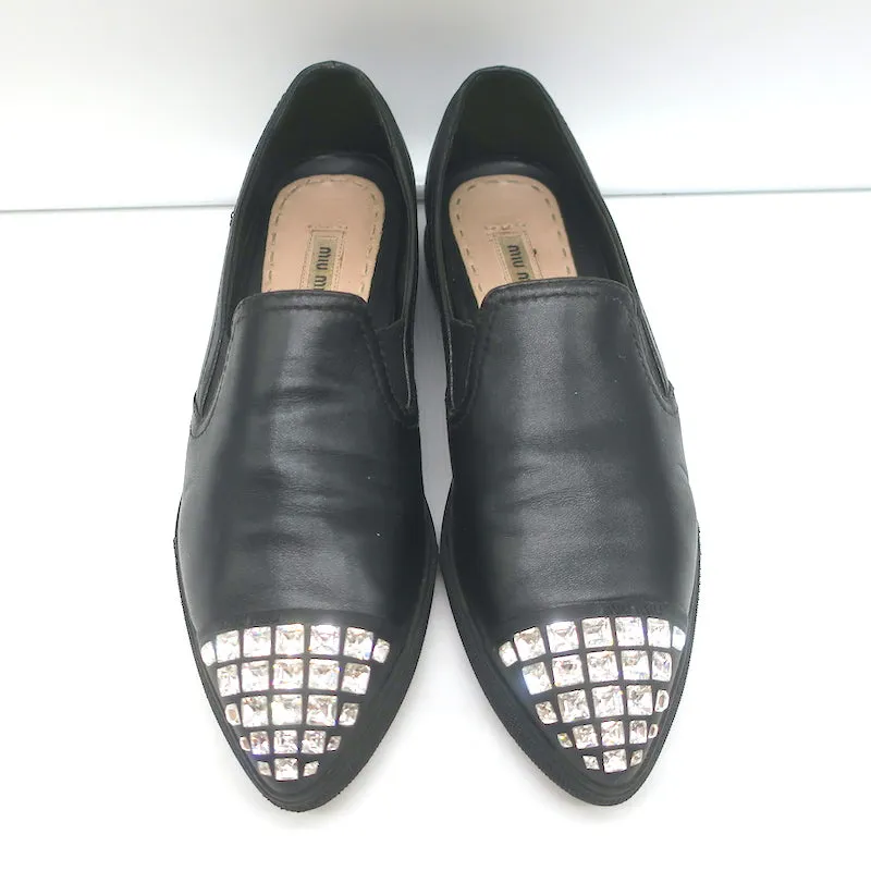 Miu Miu Escarpins à Bout Cristal Noir en Cuire Taille 37.5