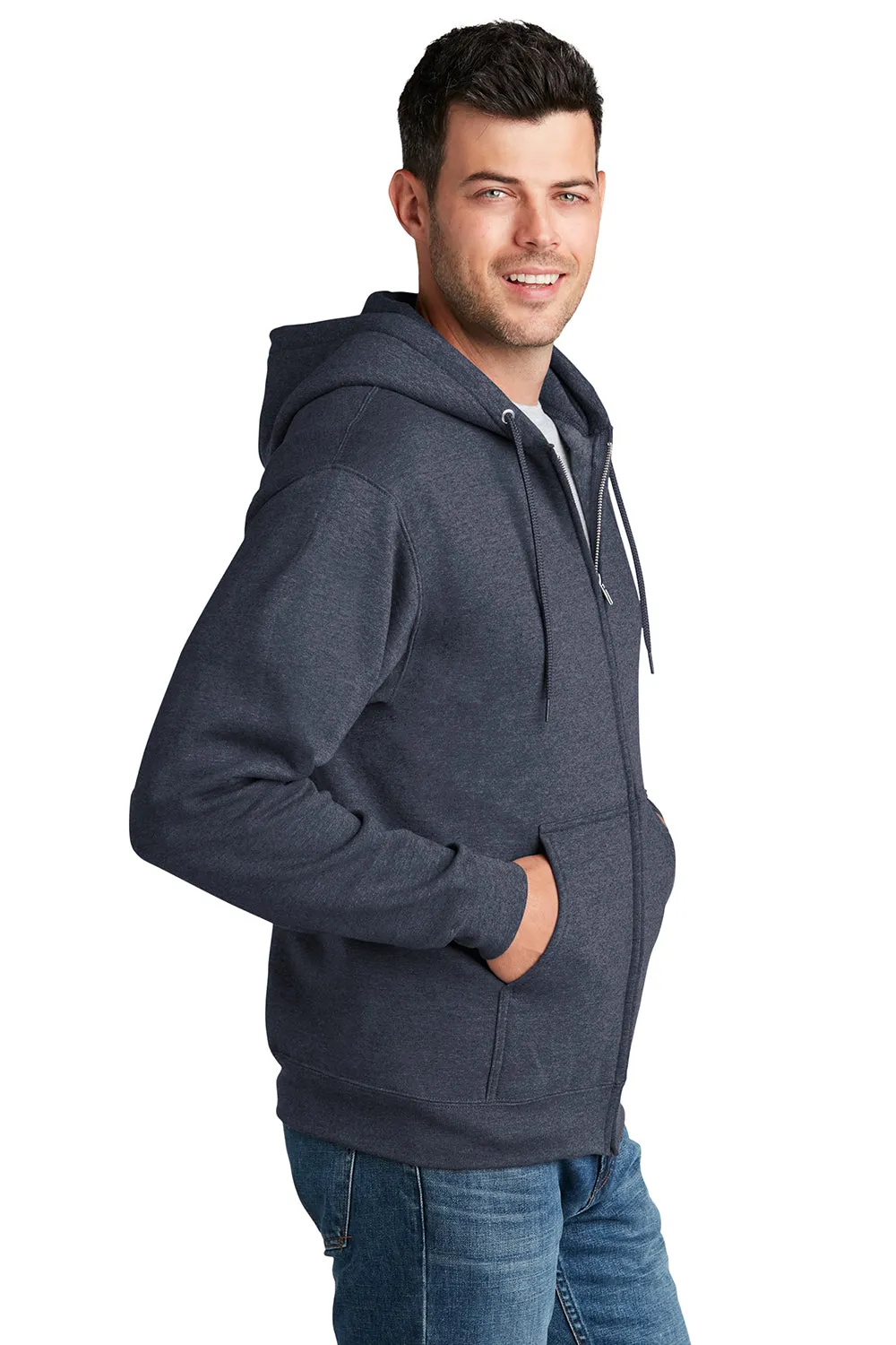 Port & Company Sweat à capuche homme en polaire résistante aux pilules avec fermeture éclair complète et poches - Bleu marine chiné