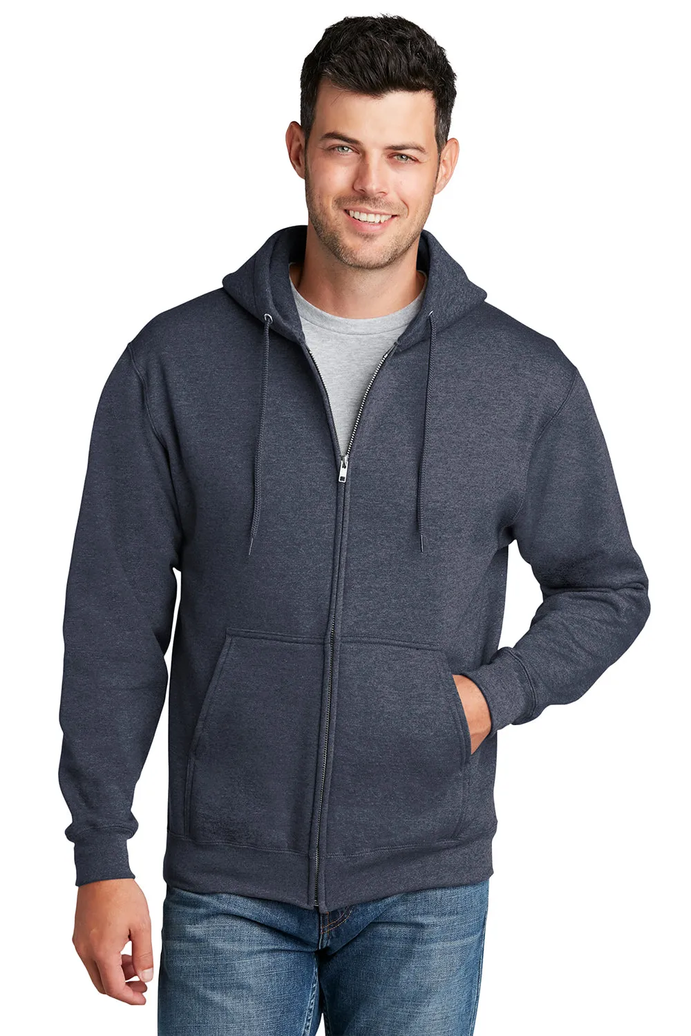 Port & Company Sweat à capuche homme en polaire résistante aux pilules avec fermeture éclair complète et poches - Bleu marine chiné