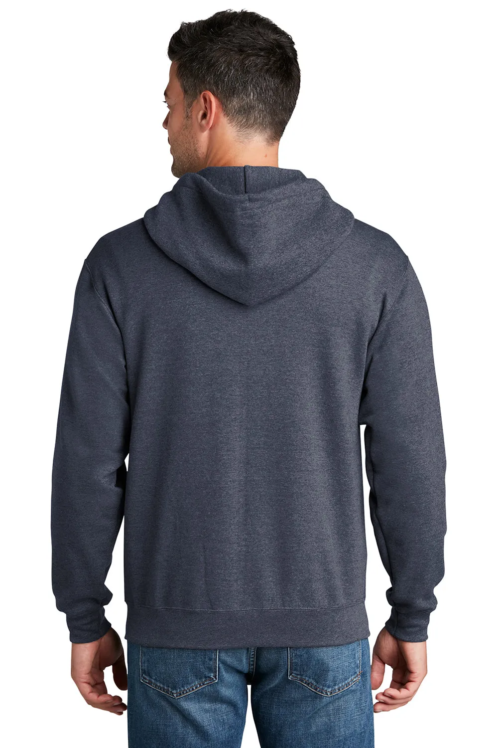 Port & Company Sweat à capuche homme en polaire résistante aux pilules avec fermeture éclair complète et poches - Bleu marine chiné