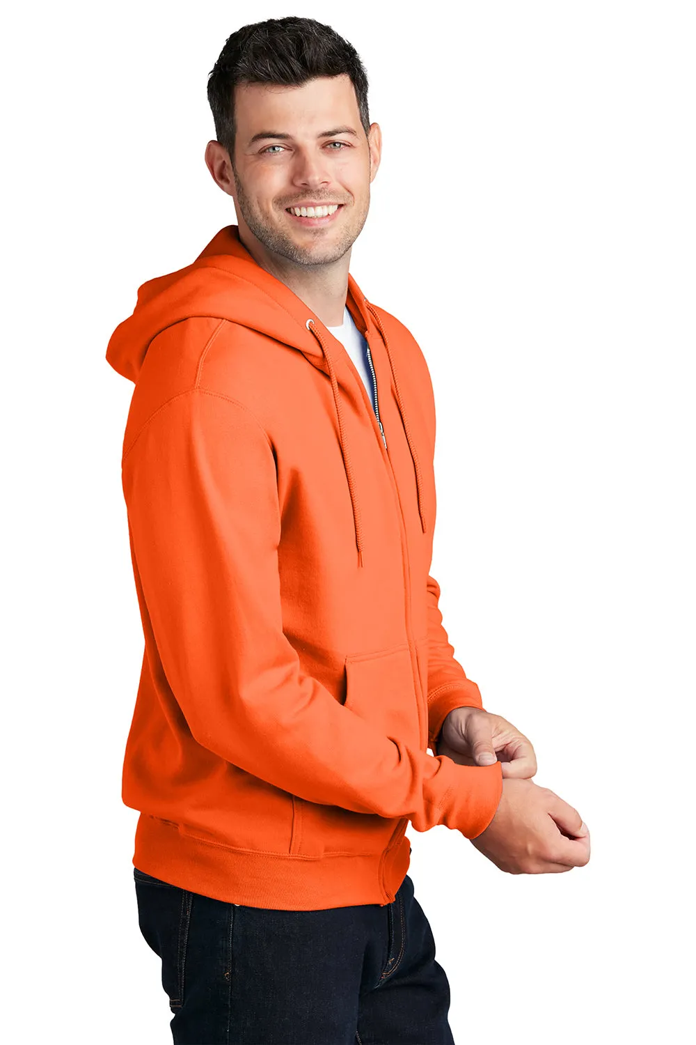 Port & Company Sweat à capuche homme résistant aux pilules avec fermeture éclair complète et poches - Orange néon
