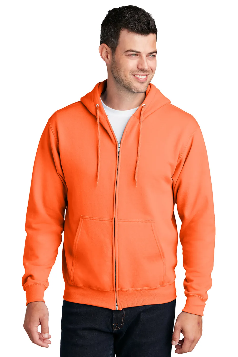 Port & Company Sweat à capuche homme résistant aux pilules avec fermeture éclair complète et poches - Orange néon
