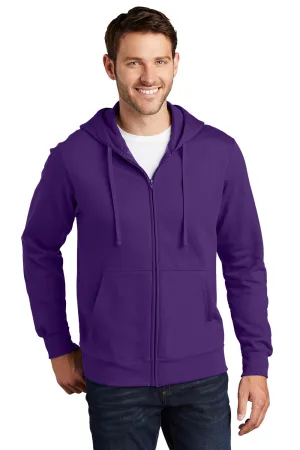 Port & Company Mens Fan Favorite Fleece Full Zip Hooded Sweatshirt Hoodie w/ Pockets - Team Purple - Closeout