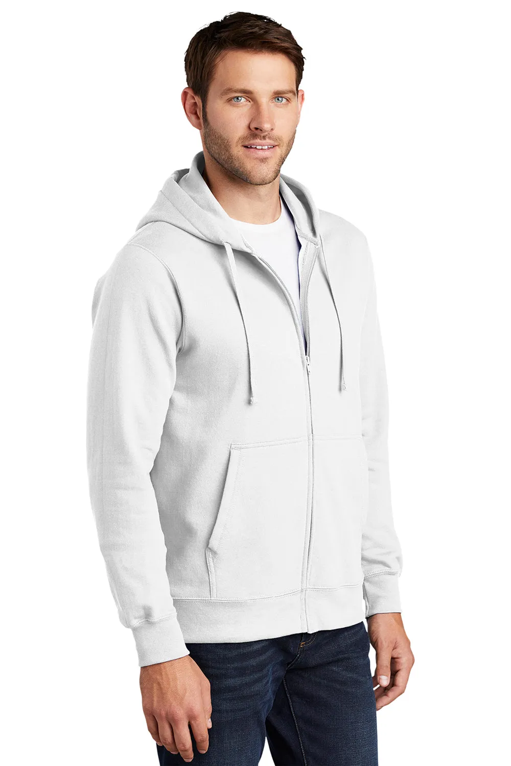 Port & Company Sweat à capuche pour hommes en polaire préféré des fans avec fermeture éclair complète et poches - Blanc