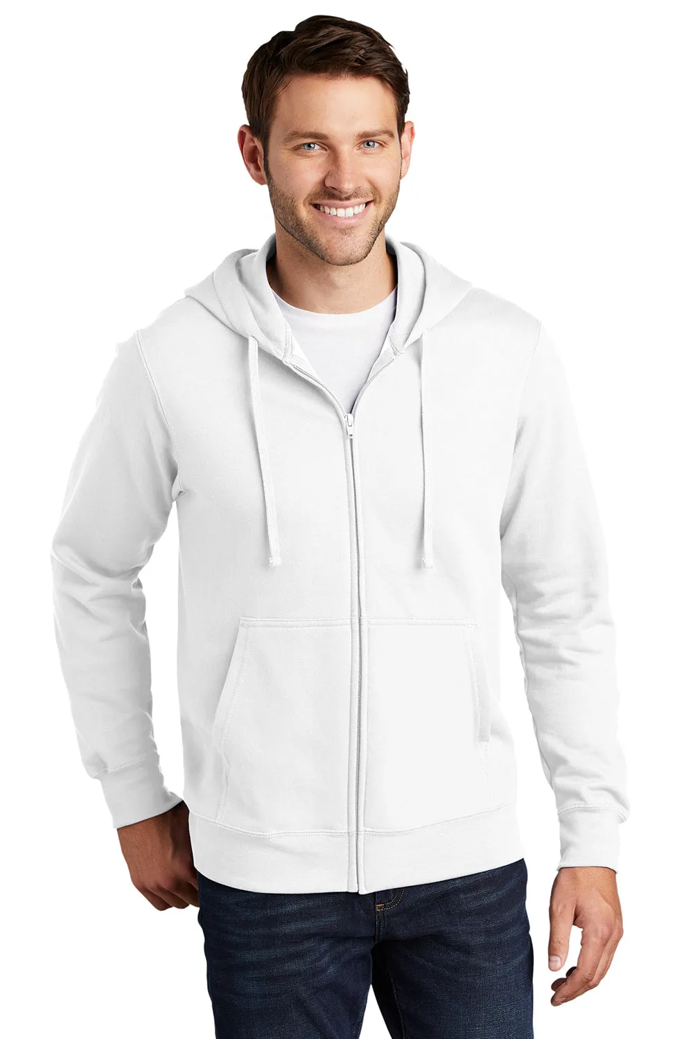 Port & Company Sweat à capuche pour hommes en polaire préféré des fans avec fermeture éclair complète et poches - Blanc