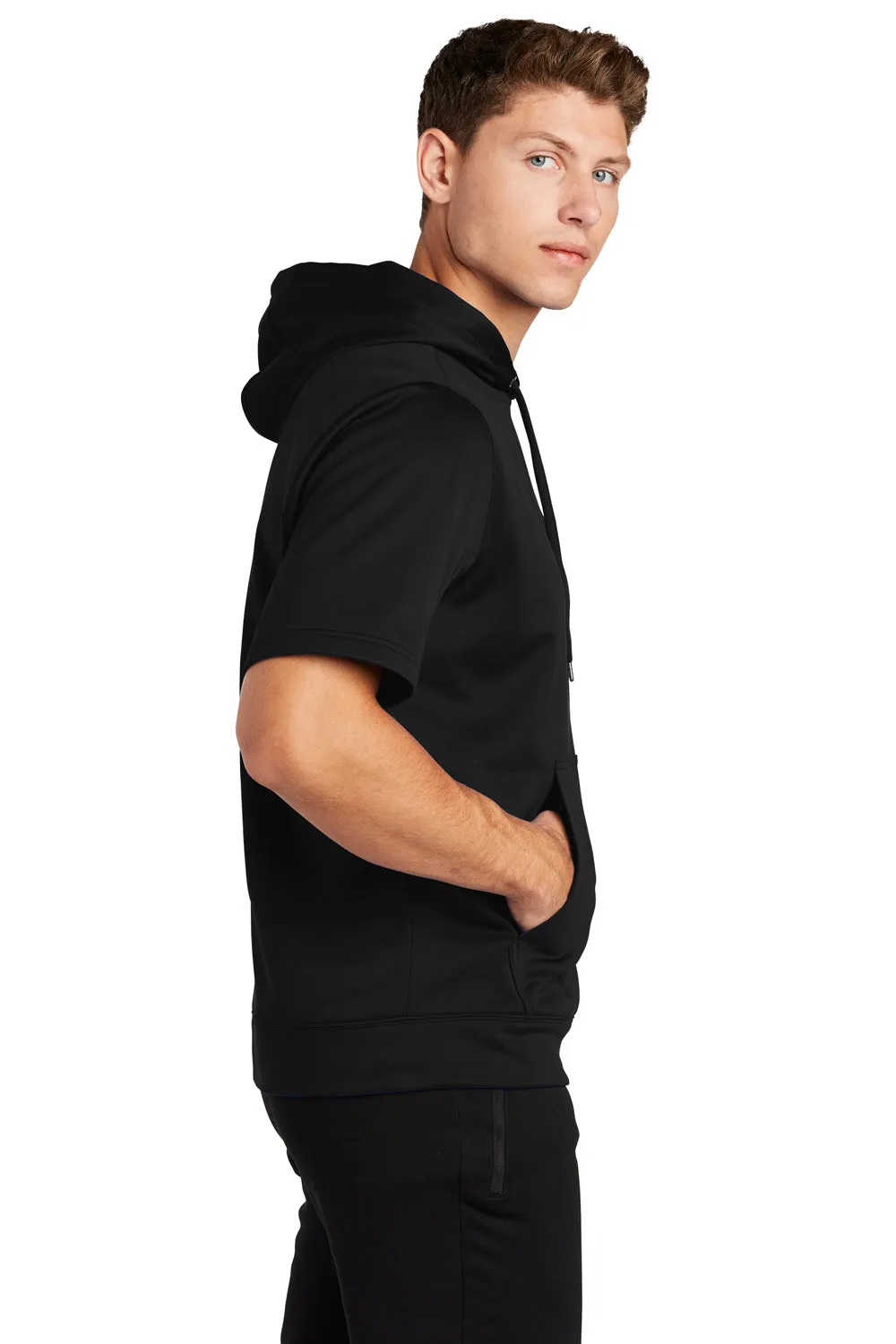 Sport-Tek Sweat à capuche pour homme en polaire respirante à manches courtes avec poche kangourou - Noir