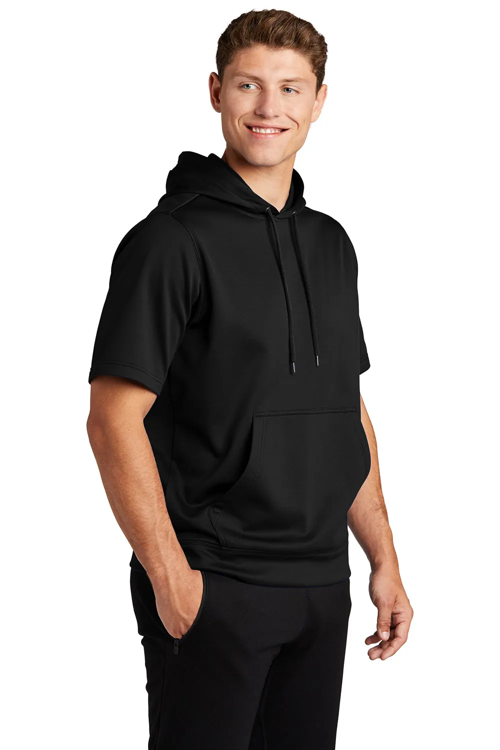 Sport-Tek Sweat à capuche pour homme en polaire respirante à manches courtes avec poche kangourou - Noir