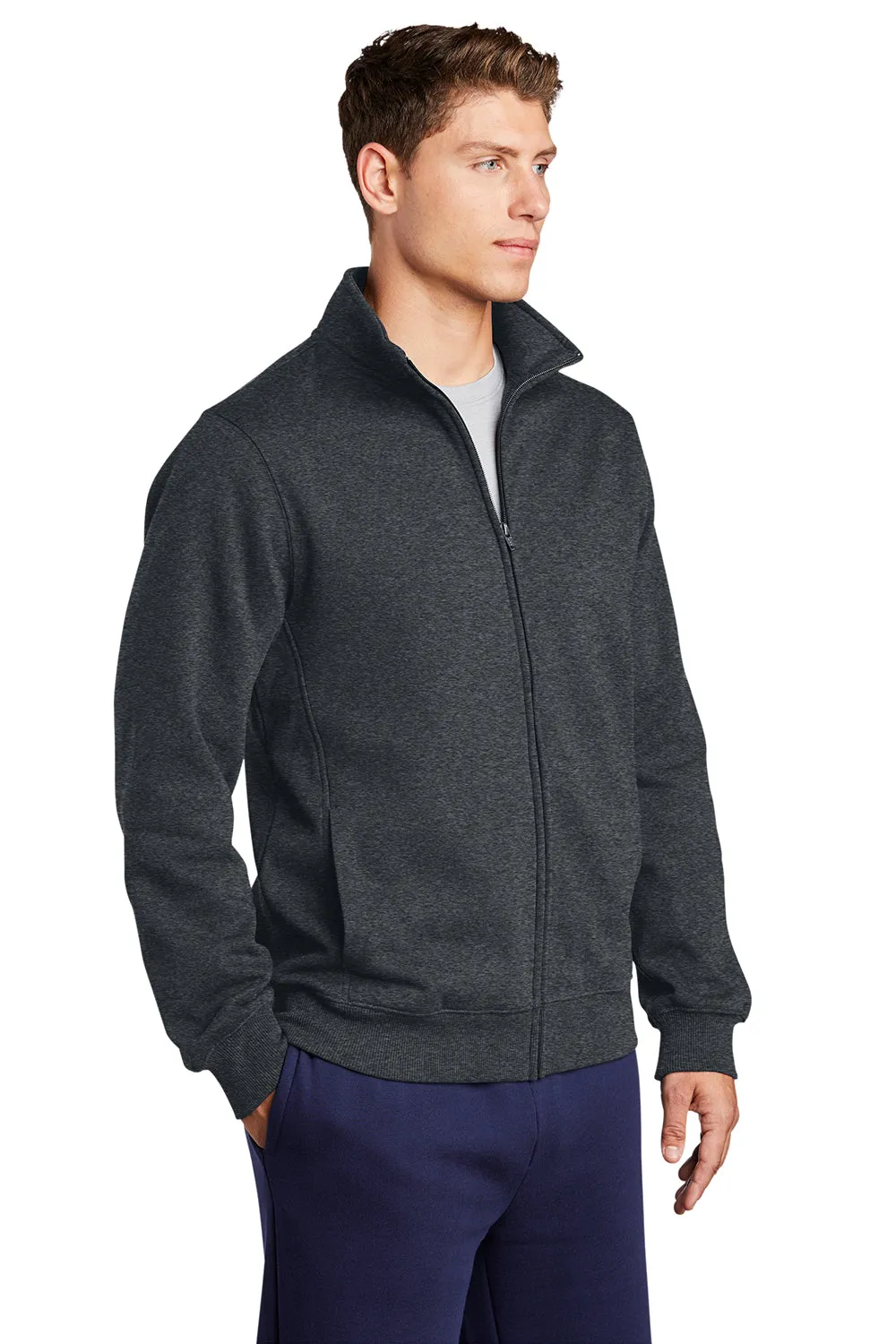 Sport-Tek Sweat-shirt à capuche homme résistant au rétrécissement avec fermeture éclair et poches - Gris graphite chiné
