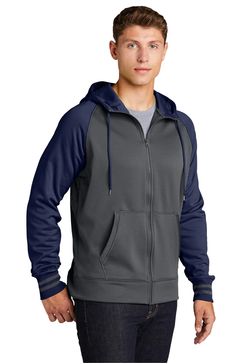 Sport-Tek Sweat à capuche pour homme en polaire respirante avec poche kangourou - Gris fumée foncé/Bleu marine