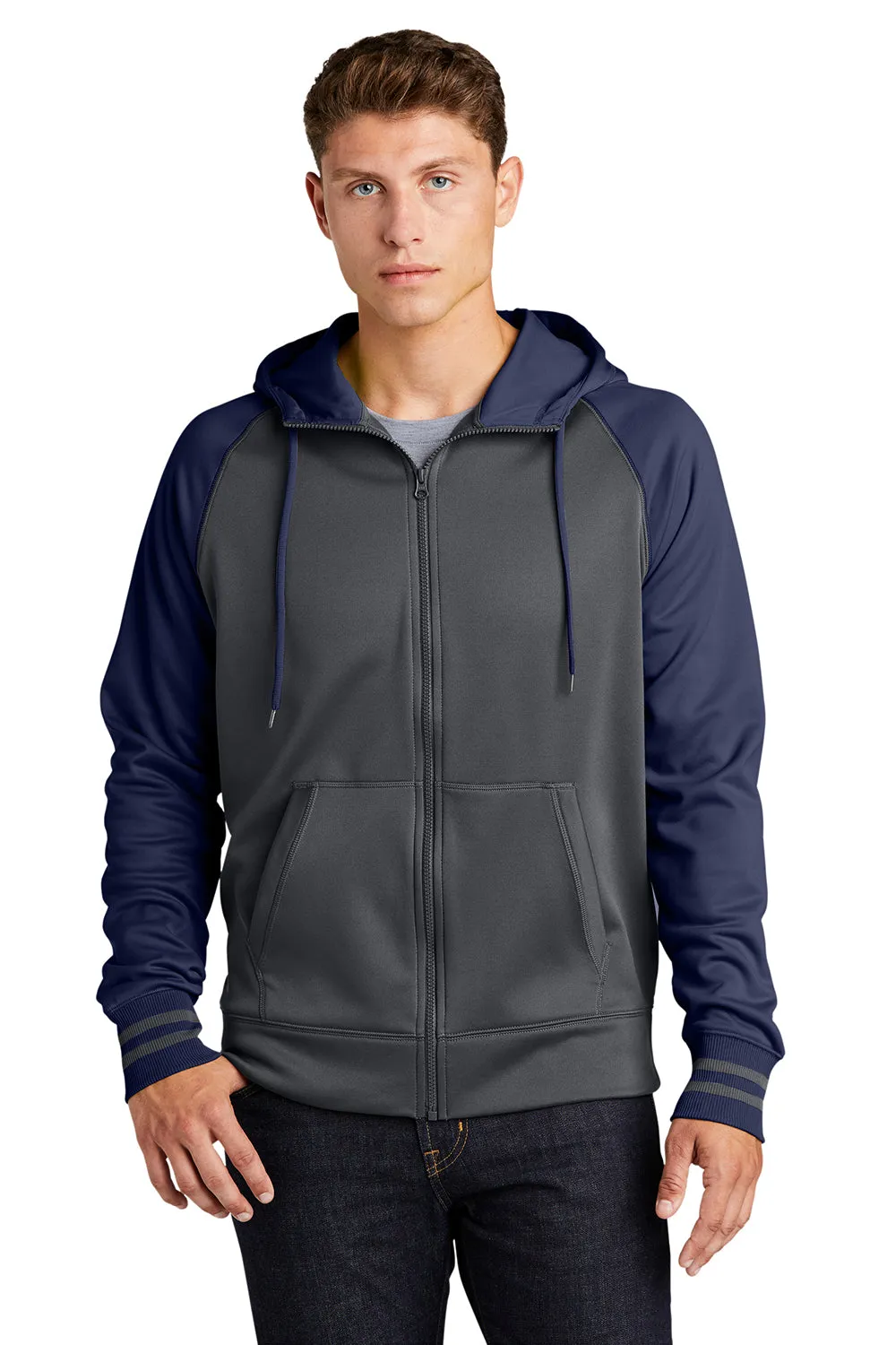 Sport-Tek Sweat à capuche pour homme en polaire respirante avec poche kangourou - Gris fumée foncé/Bleu marine