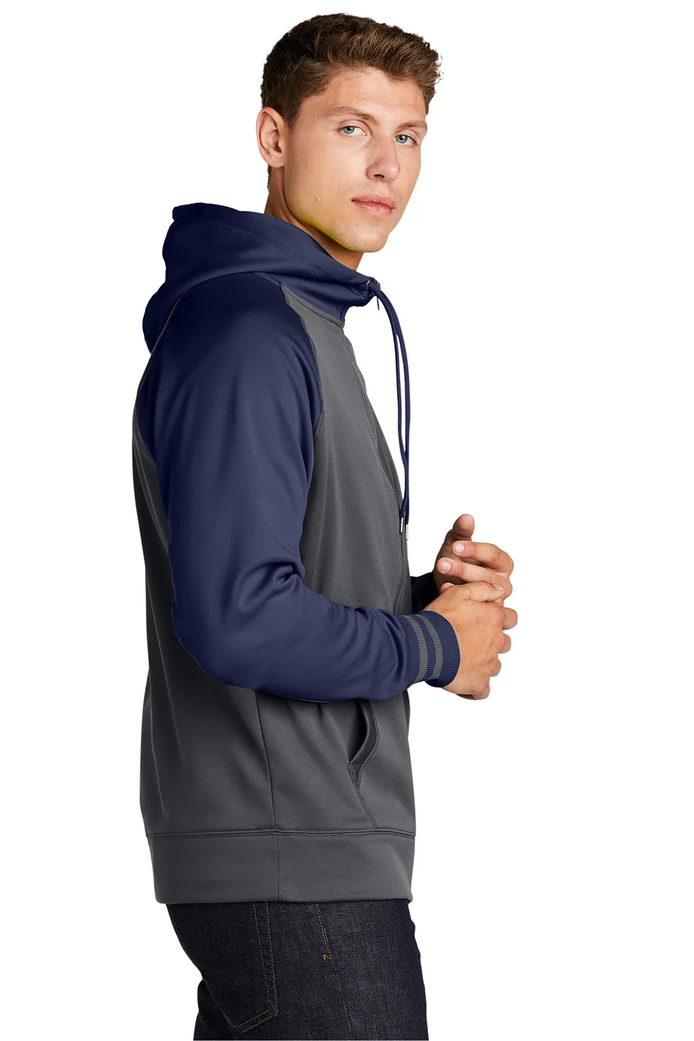 Sport-Tek Sweat à capuche pour homme en polaire respirante avec poche kangourou - Gris fumée foncé/Bleu marine