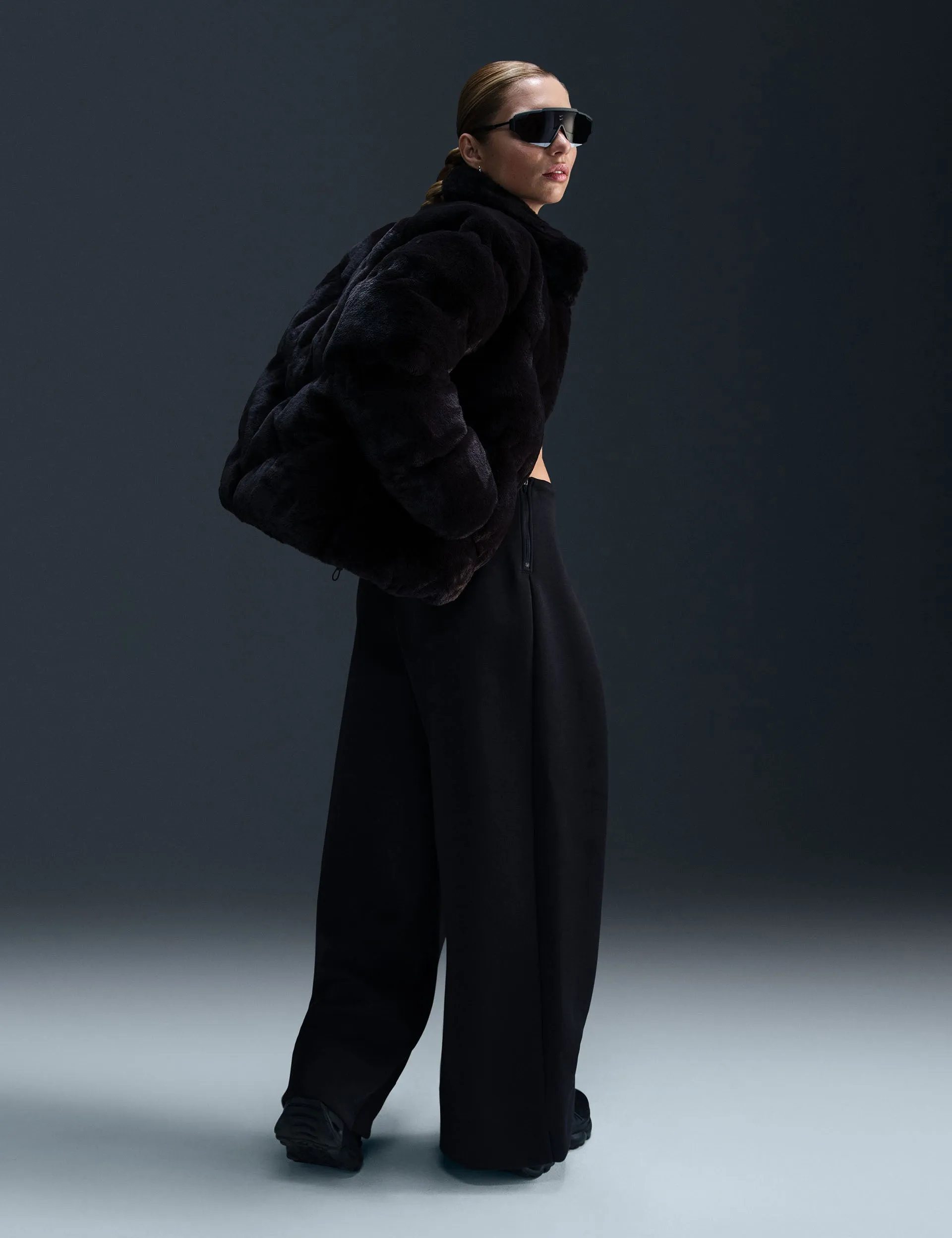 Veste Sportswear Windpuffer Lâche en Fausse Fourrure - Noir/Blanc