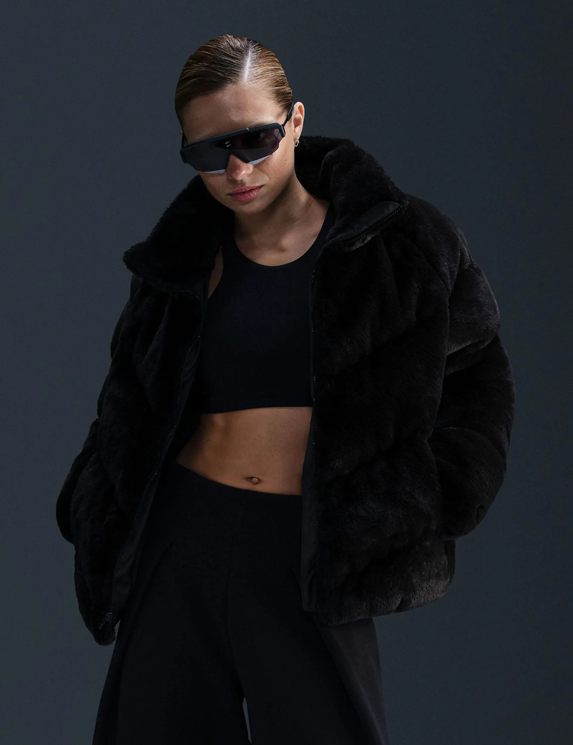 Veste Sportswear Windpuffer Lâche en Fausse Fourrure - Noir/Blanc