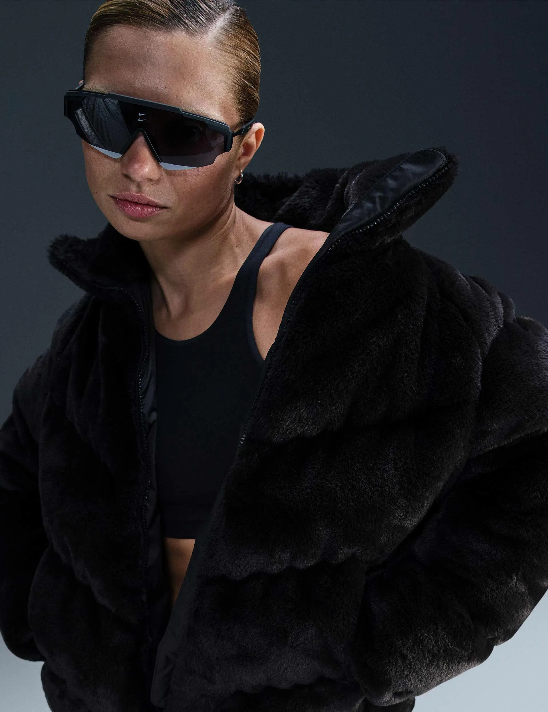 Veste Sportswear Windpuffer Lâche en Fausse Fourrure - Noir/Blanc