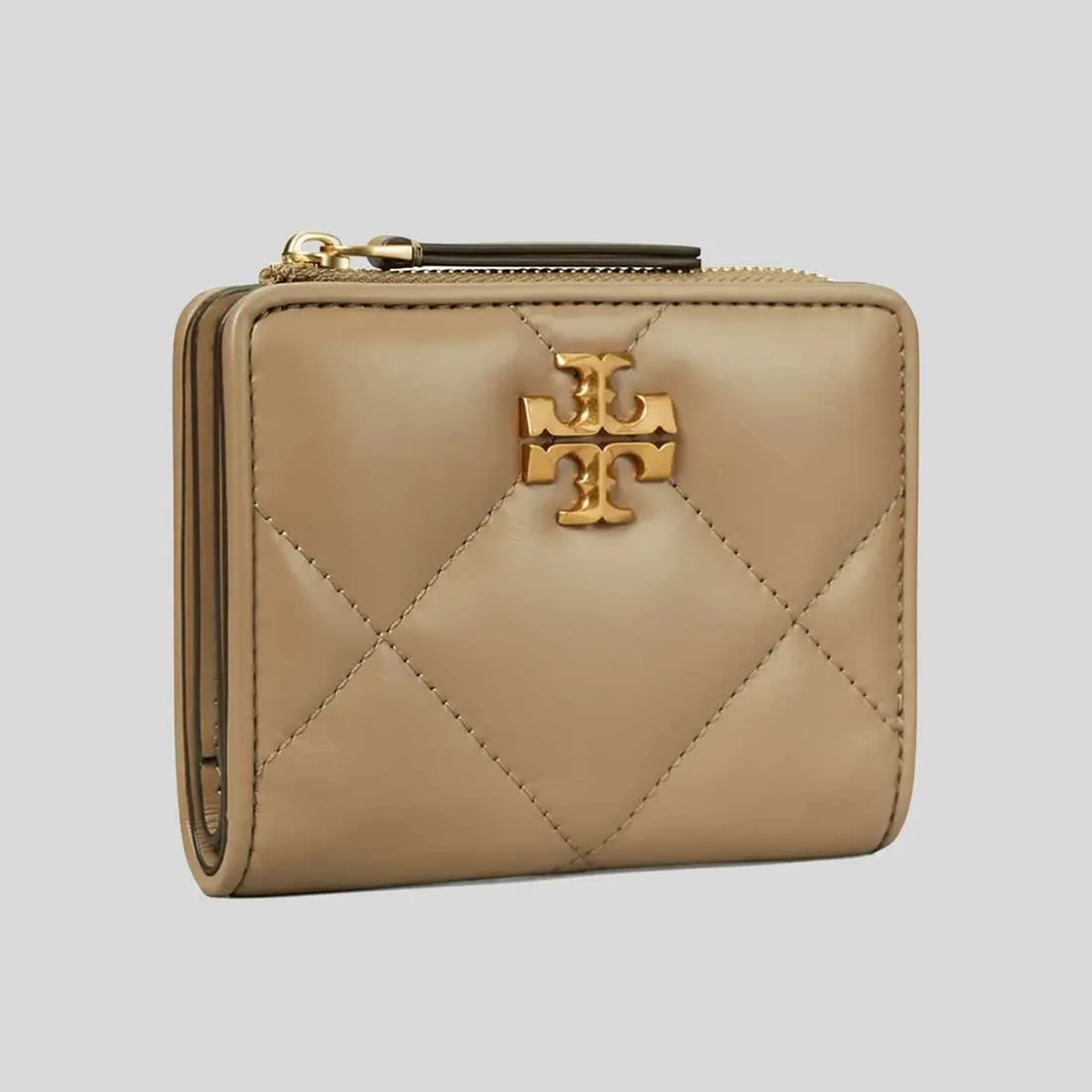 Tory Burch Sacs TORY BURCH Kira Portefeuille en Cuir Matelassé Diamant Bifold Taupe Chêne 154990