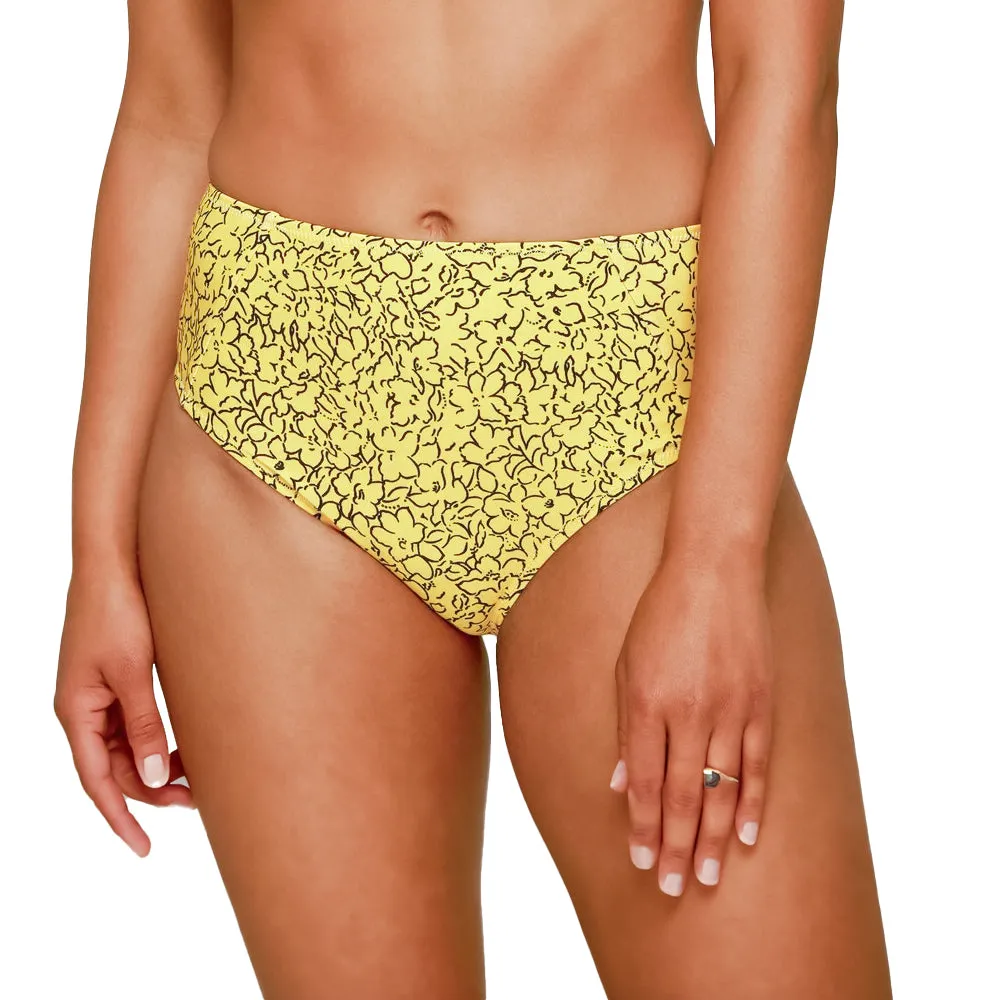 Culotte de Bikini Femme à Haute Taille Fleurie, Jaune