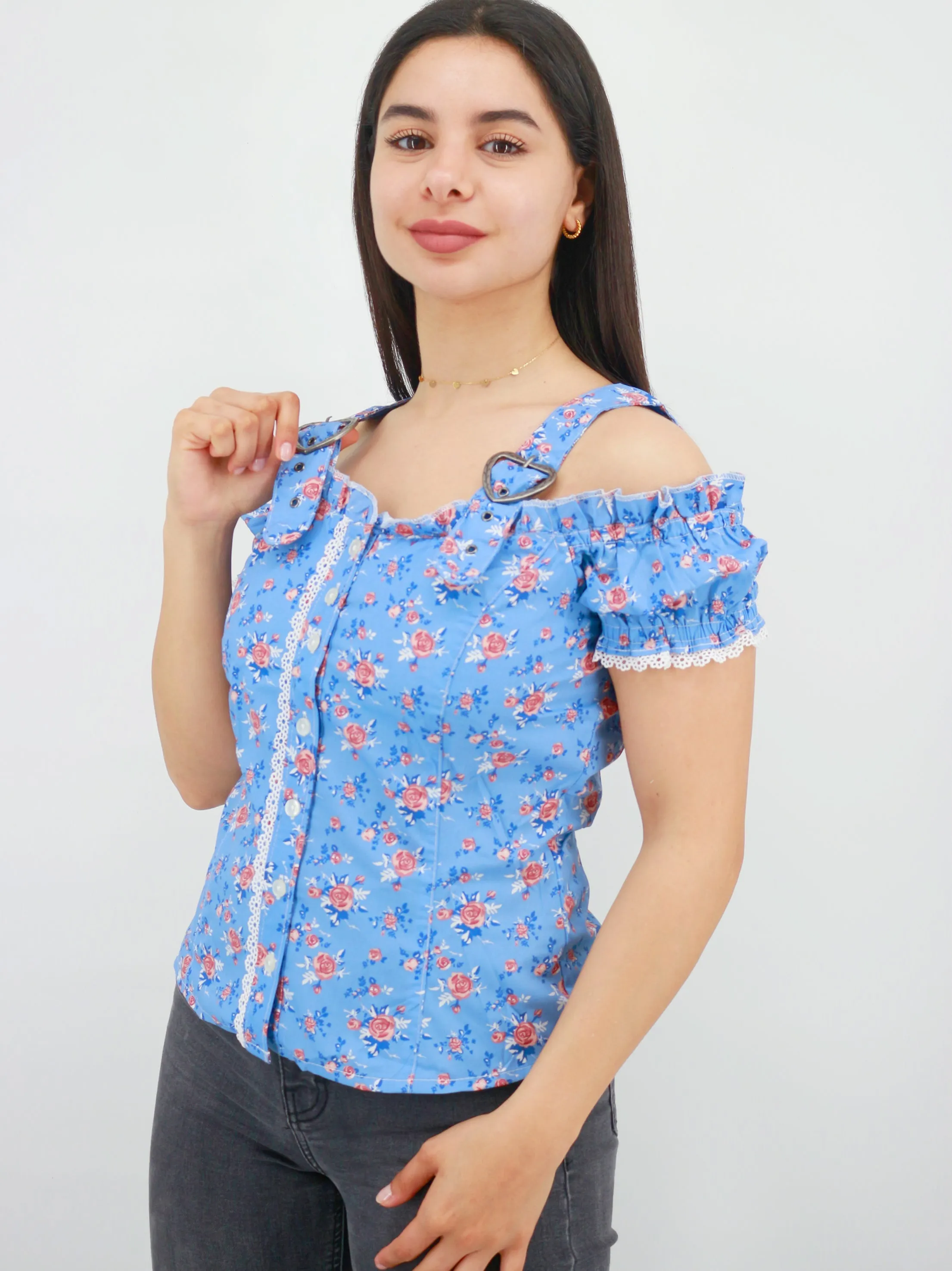 Haut décolleté imprimé floral pour femmes, Bleu