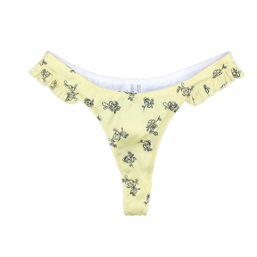 Culotte de Bikini Femme Style V à Motifs Floraux, Jaune