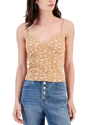 Women's Lace Trim Printed Top,Brown