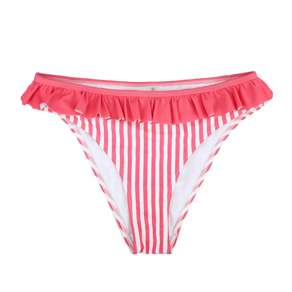 Culotte de Bikini à Rayures avec Volants pour Femme, Rose
