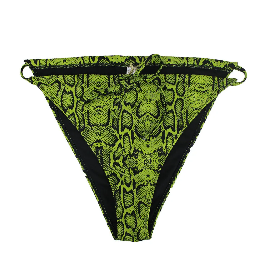 Slip de Bikini à Imprimé Serpent avec Nœuds Latéraux, Vert Néon