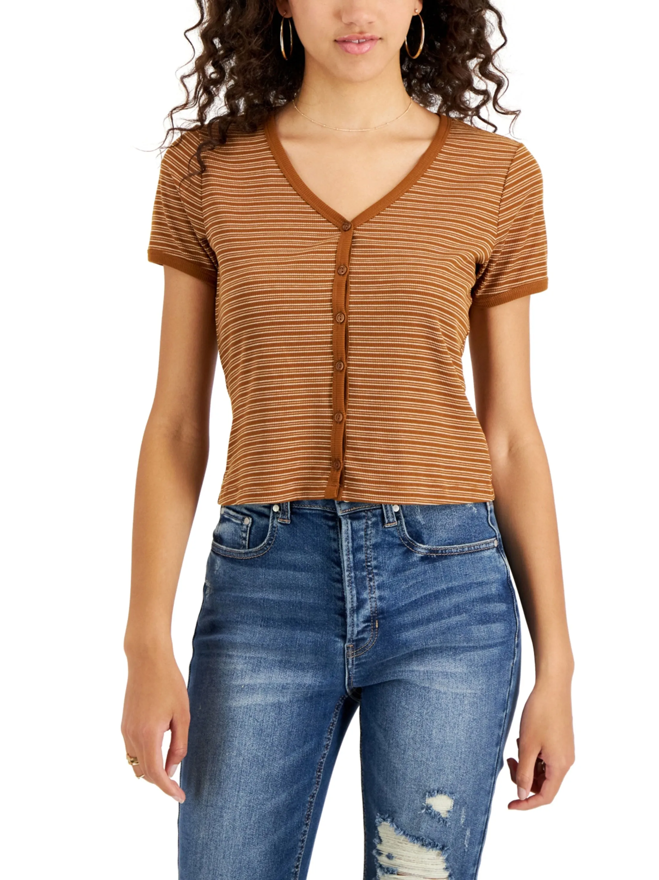 Chemise à rayures côtelée pour femmes à col en V, marron