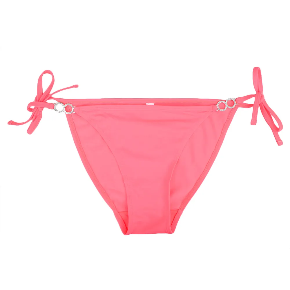 Slip de Bikini Femme à Nœud Latéral avec Détail d'Anneau, Corail Néon