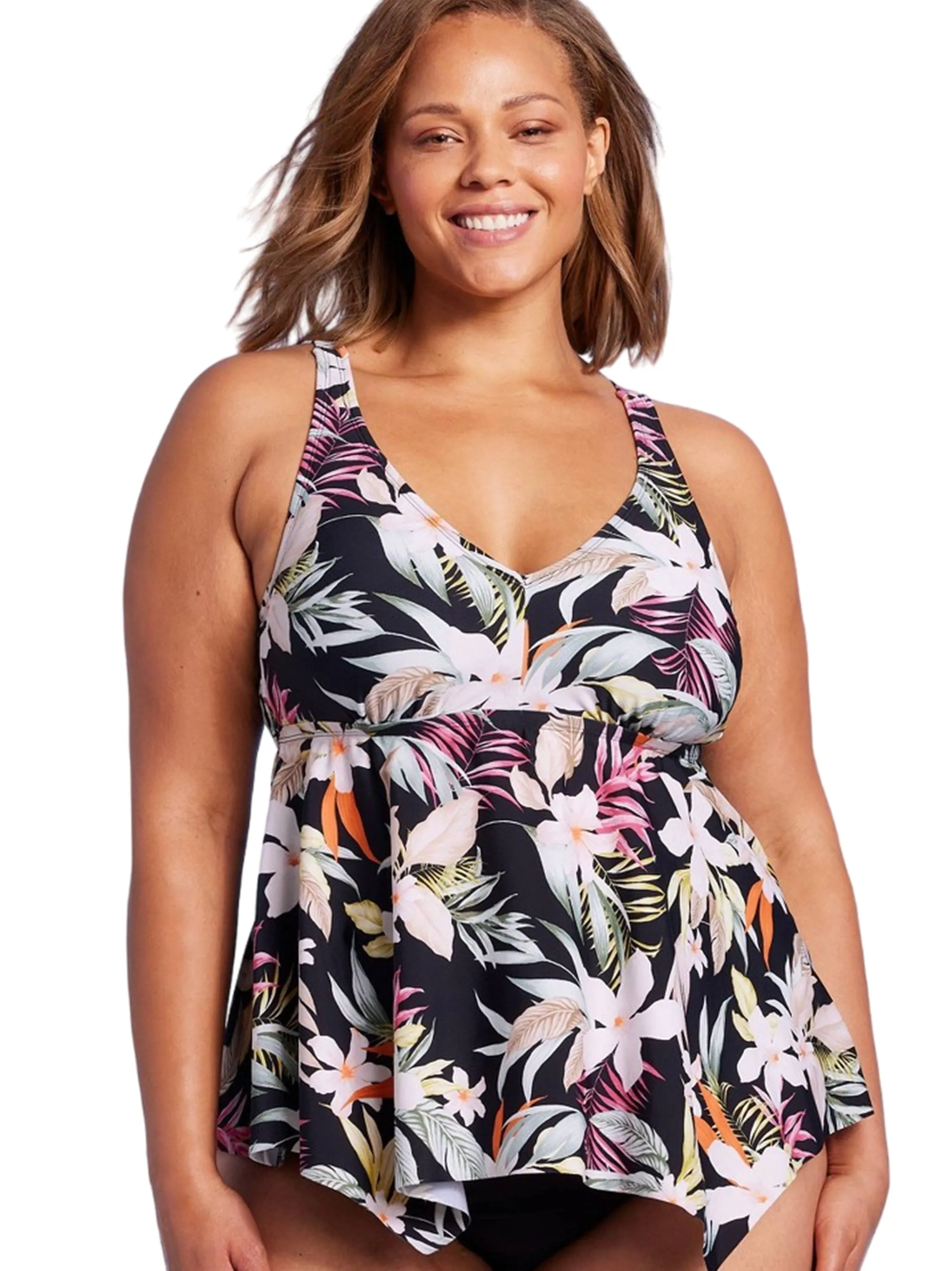 Haut de tankini à dos nuagé avec encolure en V et motif floral, Noir